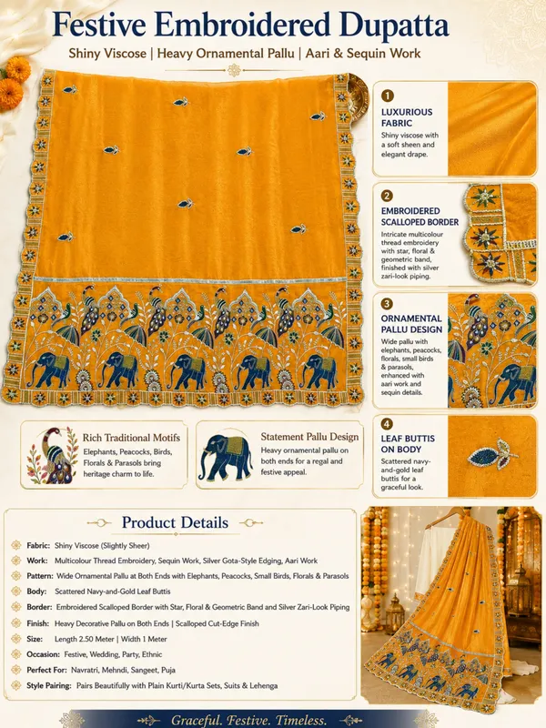Embroidered_Viscose_Dupatta_With_Elephant_Peacock_Pallu_Mustard_Yellow
