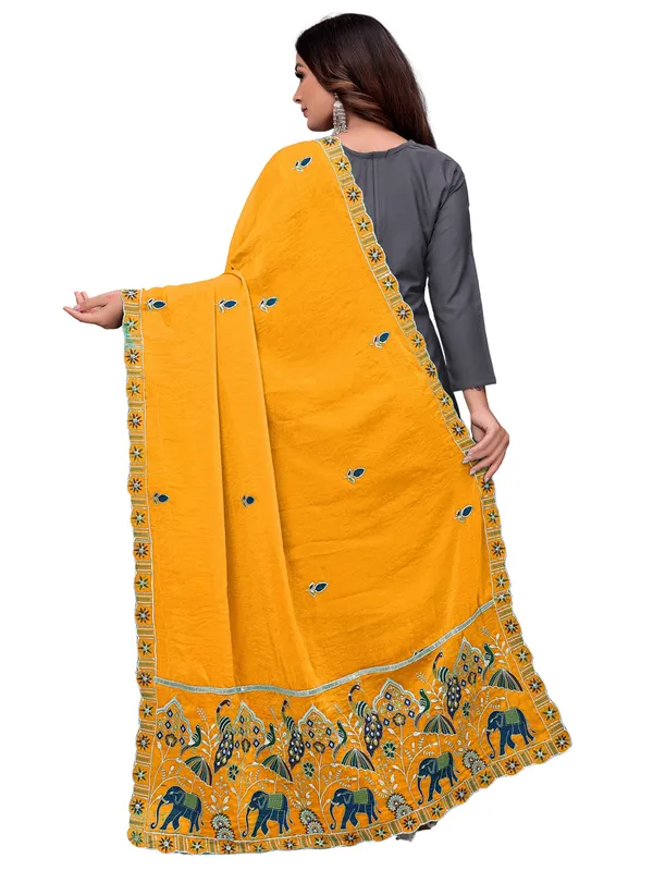 Embroidered_Viscose_Dupatta_With_Elephant_Peacock_Pallu_Mustard_Yellow