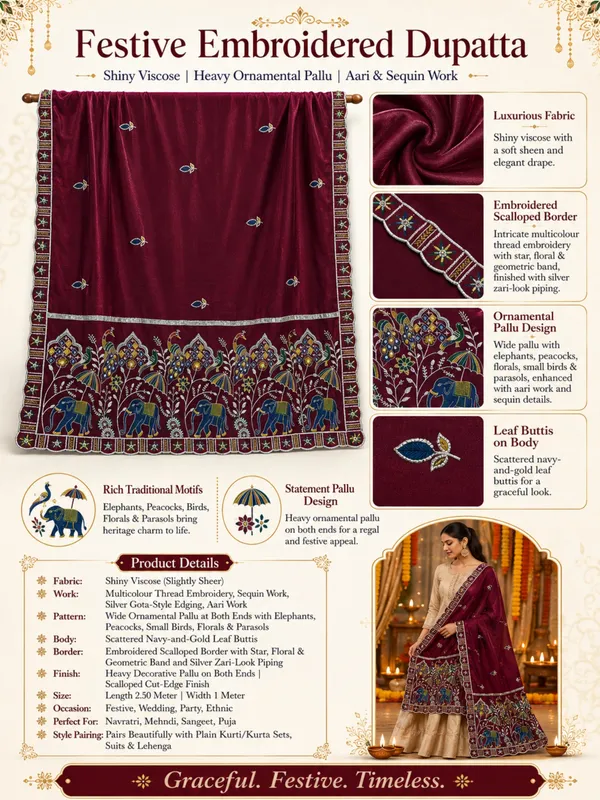 Embroidered_Viscose_Dupatta_With_Elephant_Peacock_Pallu_Wine