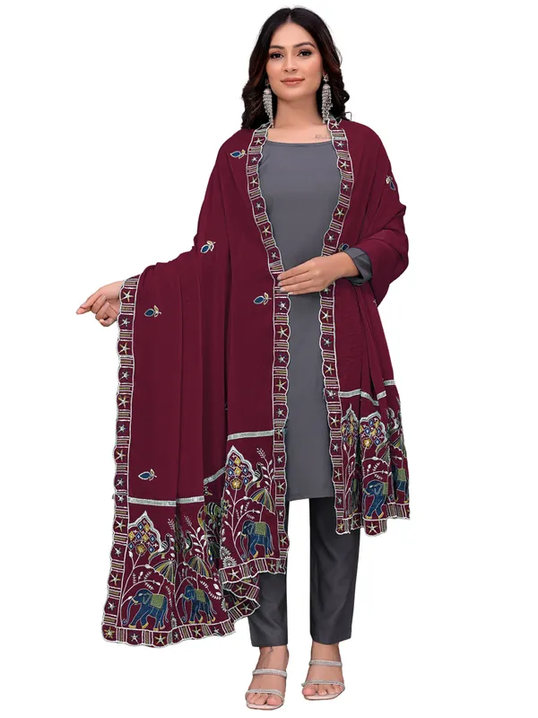 Embroidered_Viscose_Dupatta_With_Elephant_Peacock_Pallu_Wine