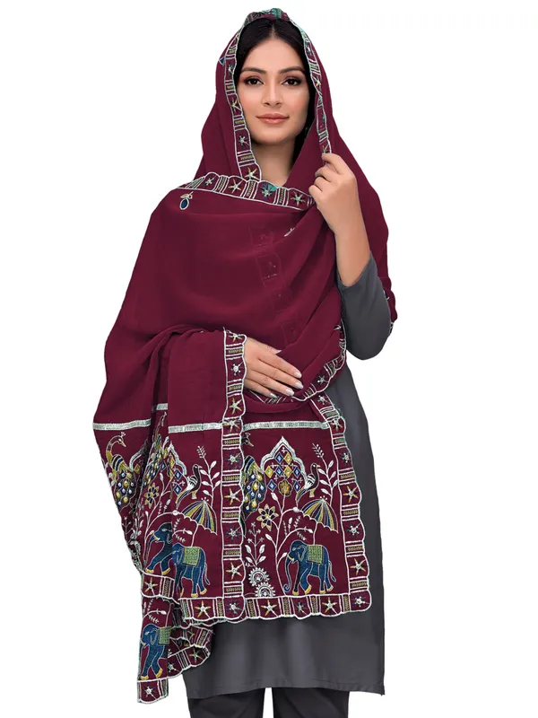 Embroidered_Viscose_Dupatta_With_Elephant_Peacock_Pallu_Wine