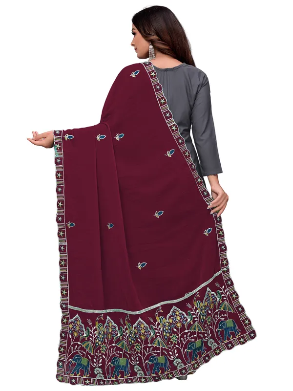 Embroidered_Viscose_Dupatta_With_Elephant_Peacock_Pallu_Wine