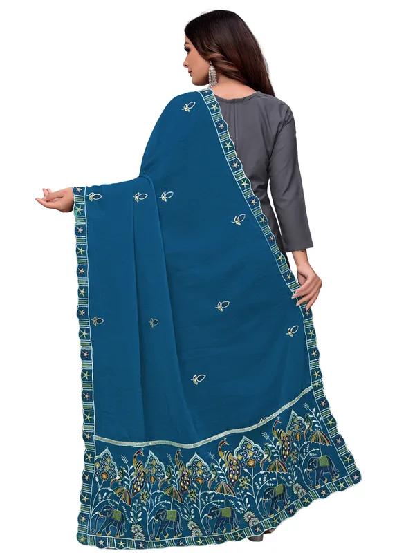 Embroidered_Viscose_Dupatta_With_Elephant_Peacock_Pallu_Kerosin_Blue
