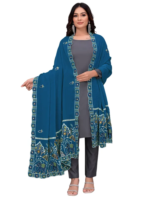 Embroidered_Viscose_Dupatta_With_Elephant_Peacock_Pallu_Kerosin_Blue
