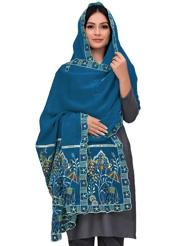 Embroidered_Viscose_Dupatta_With_Elephant_Peacock_Pallu_Kerosin_Blue