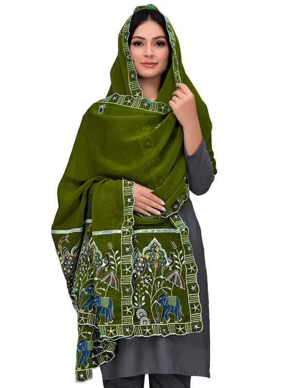 Embroidered_Viscose_Dupatta_With_Elephant_Peacock_Pallu_Mahendi_Green