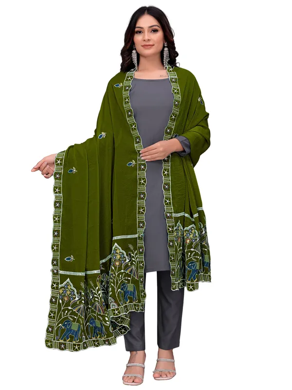 Embroidered_Viscose_Dupatta_With_Elephant_Peacock_Pallu_Mahendi_Green