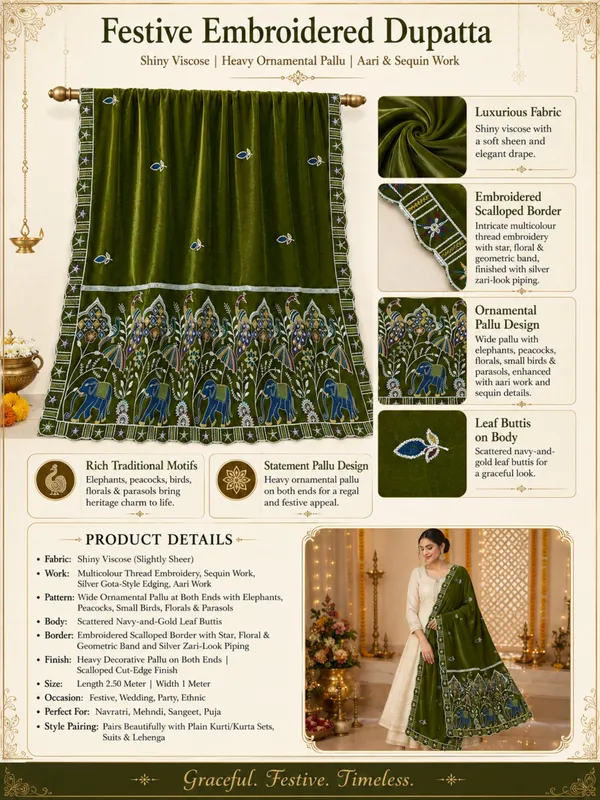 Embroidered_Viscose_Dupatta_With_Elephant_Peacock_Pallu_Mahendi_Green