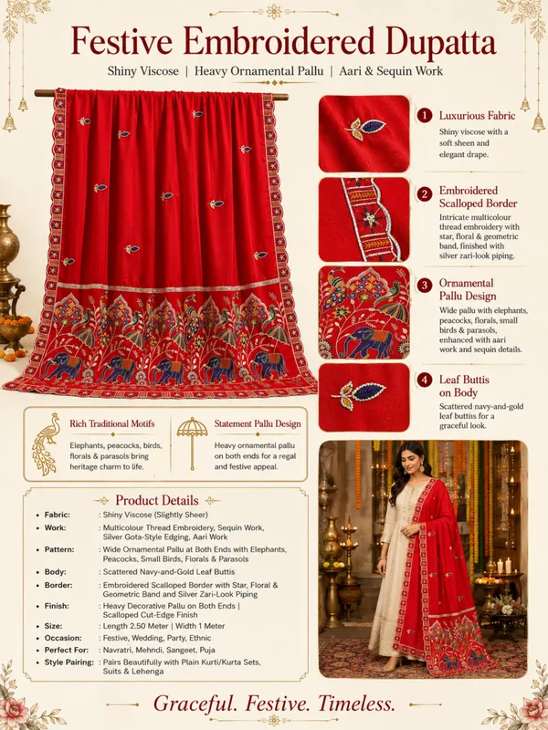 Embroidered_Viscose_Dupatta_With_Elephant_Peacock_Pallu_Red