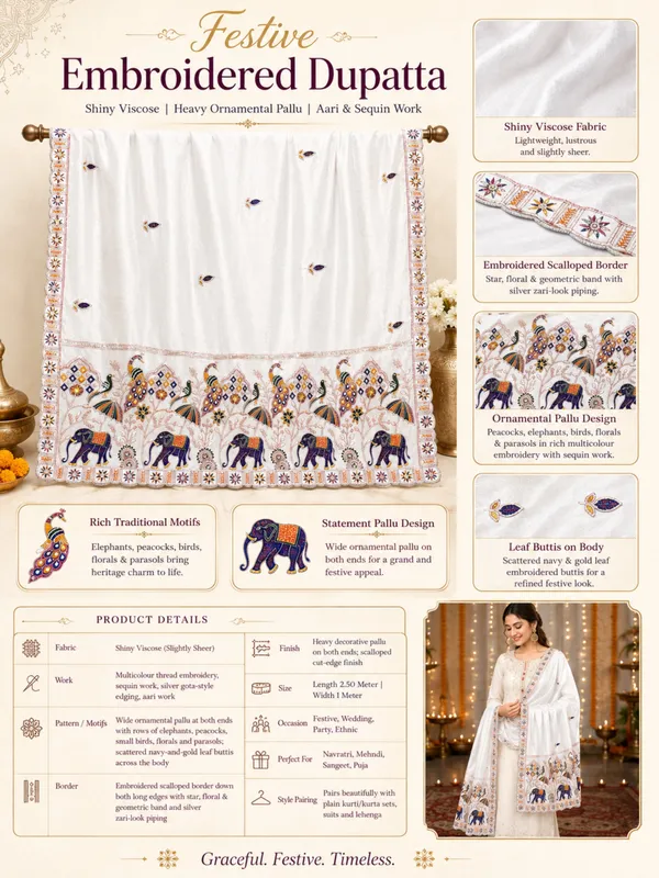 Embroidered_Viscose_Dupatta_With_Elephant_Peacock_Pallu_White