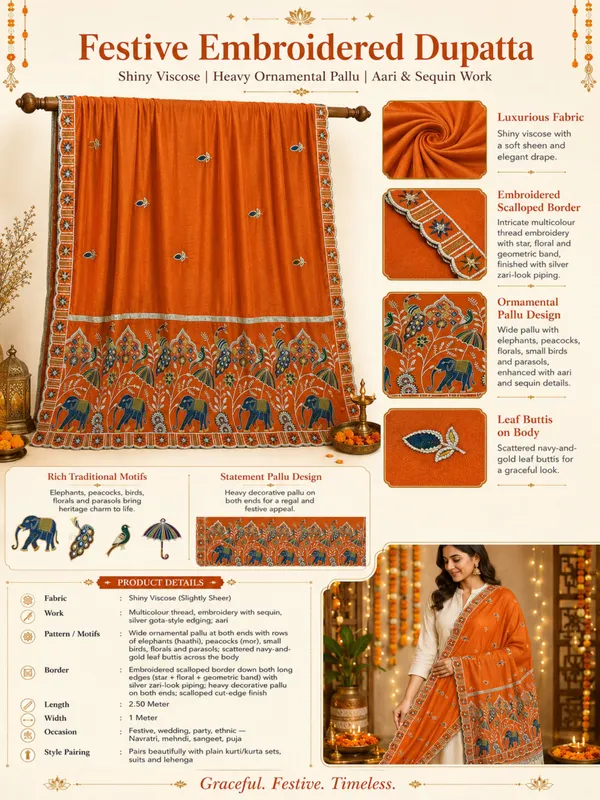 Embroidered_Viscose_Dupatta_With_Elephant_Peacock_Pallu_Rust