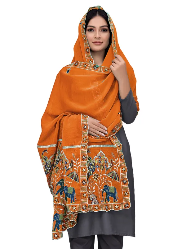 Embroidered_Viscose_Dupatta_With_Elephant_Peacock_Pallu_Rust