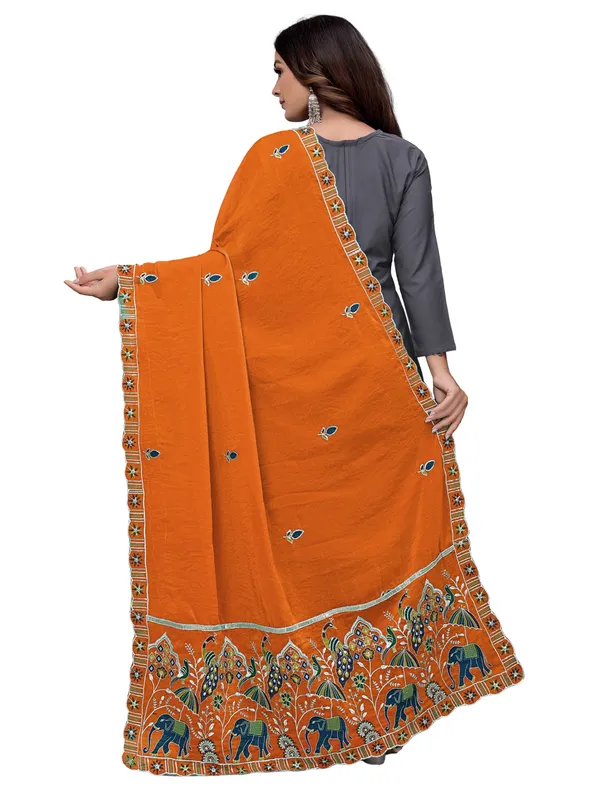 Embroidered_Viscose_Dupatta_With_Elephant_Peacock_Pallu_Rust