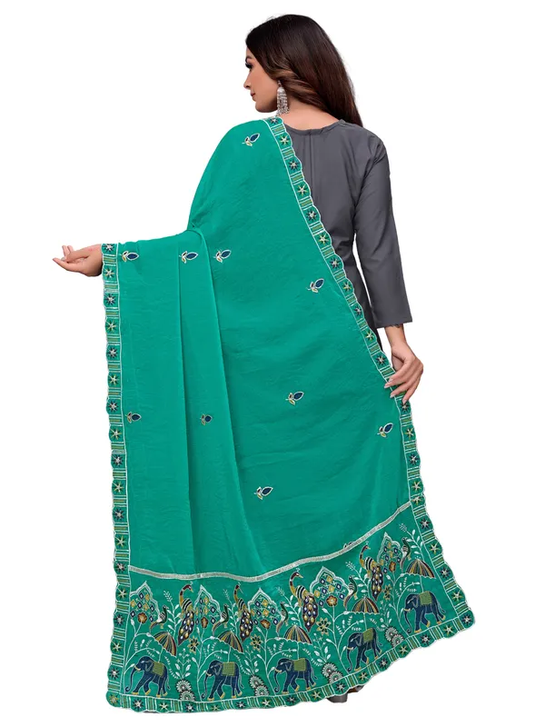 Embroidered_Viscose_Dupatta_With_Elephant_Peacock_Pallu_Rama_Green
