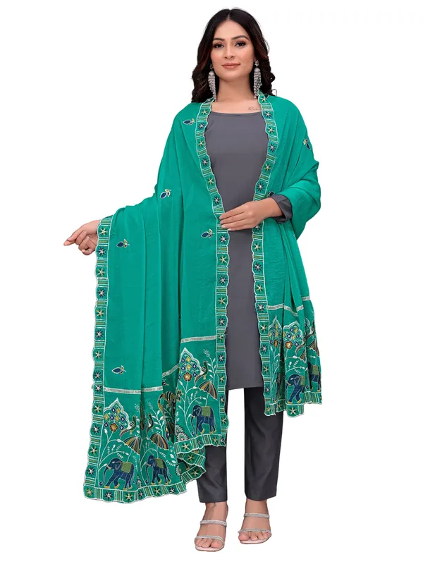 Embroidered_Viscose_Dupatta_With_Elephant_Peacock_Pallu_Rama_Green