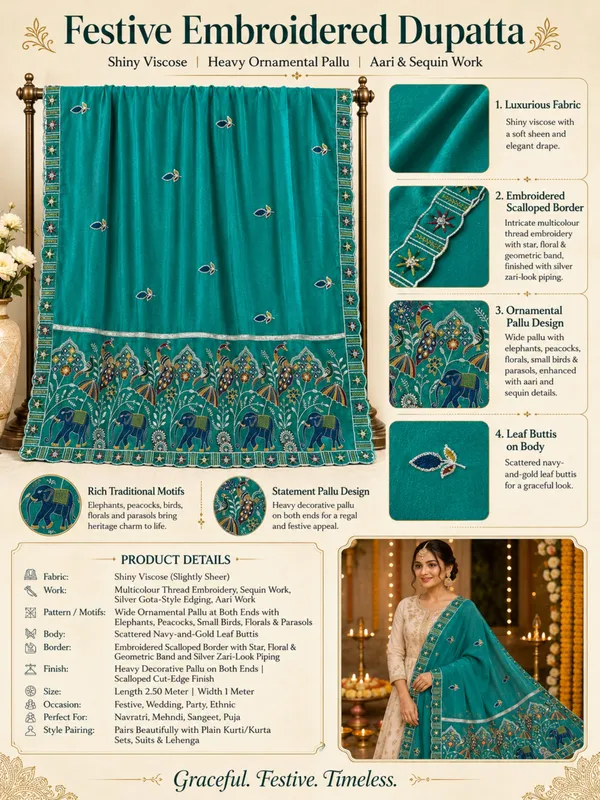 Embroidered_Viscose_Dupatta_With_Elephant_Peacock_Pallu_Rama_Green