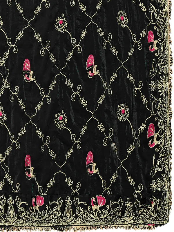 Zari_Embroidered_Art_Silk_Odhni_Dupatta_With_Peacock_Jaal_Black