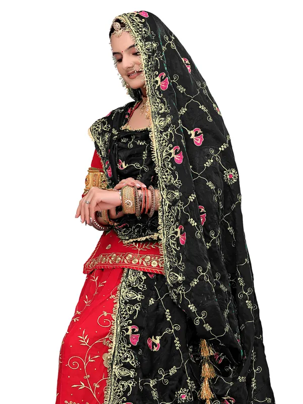 Zari_Embroidered_Art_Silk_Odhni_Dupatta_With_Peacock_Jaal_Black