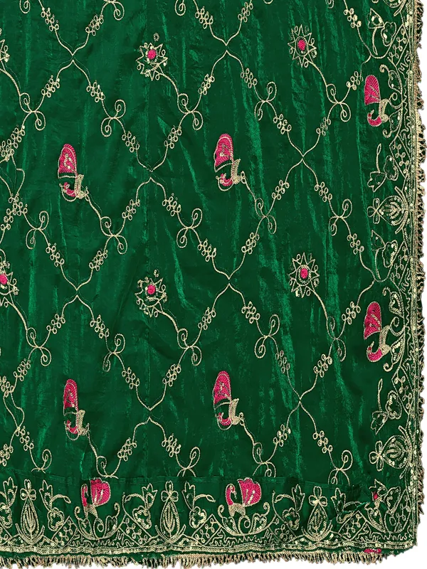 Zari_Embroidered_Art_Silk_Odhni_Dupatta_With_Peacock_Jaal_Green