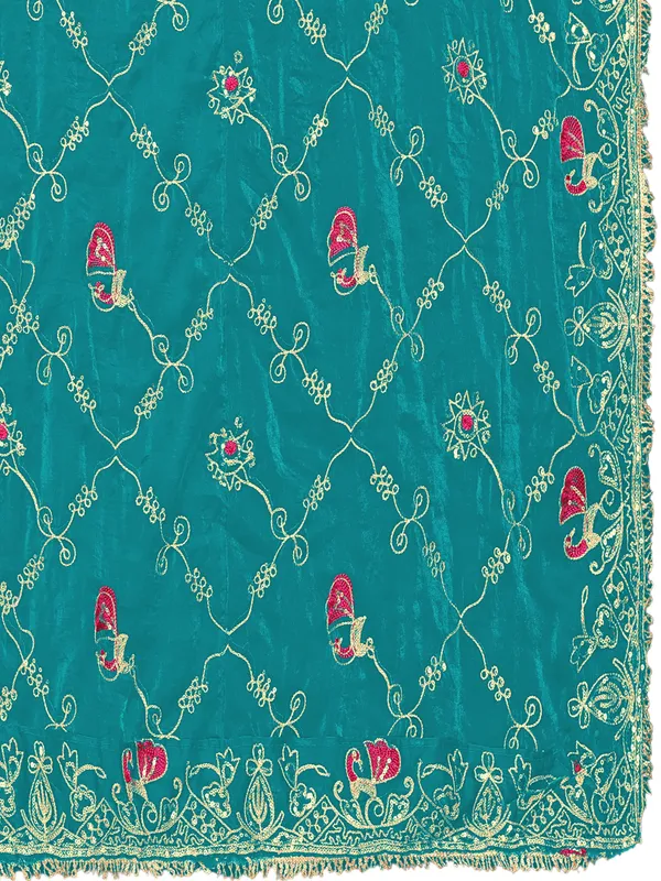 Zari_Embroidered_Art_Silk_Odhni_Dupatta_With_Peacock_Jaal_Rama_Green
