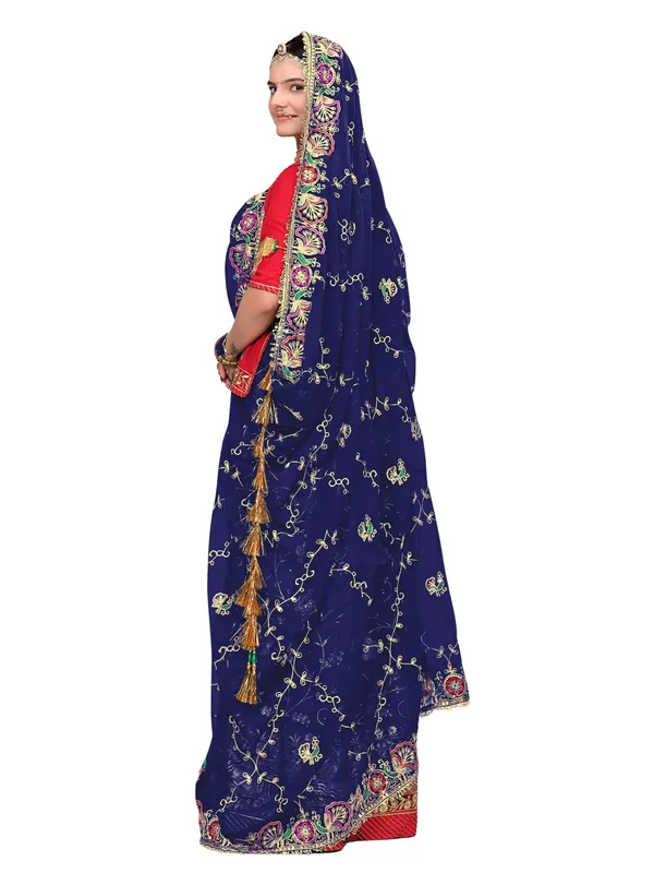 Zari_Embroidered_Georgette_Odhni_Dupatta_With_Peacock_Border_Navy_Blue