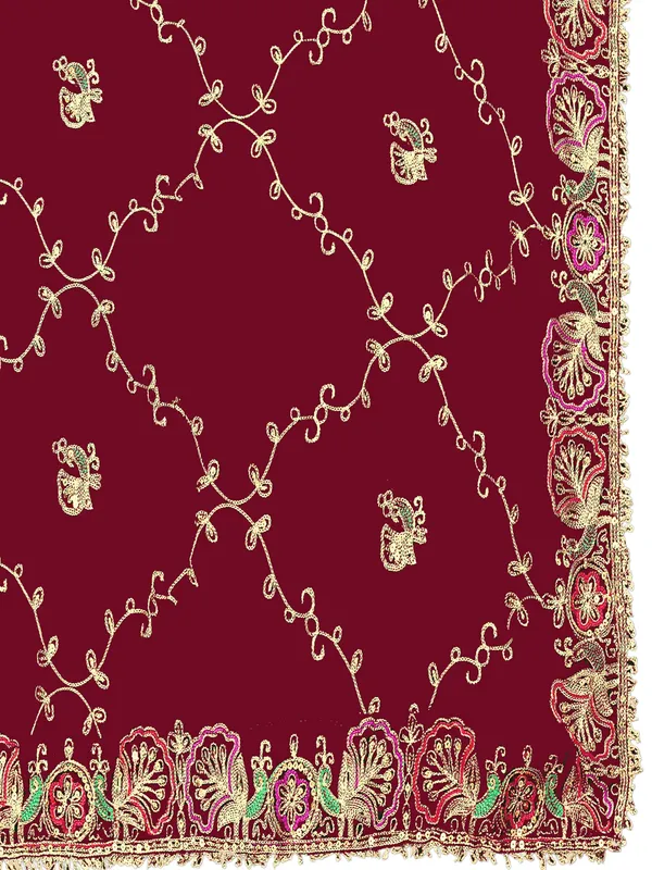 Zari_Embroidered_Georgette_Odhni_Dupatta_With_Peacock_Border_Maroon