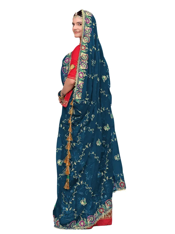 Zari_Embroidered_Georgette_Odhni_Dupatta_With_Peacock_Border_Kerosin_Blue
