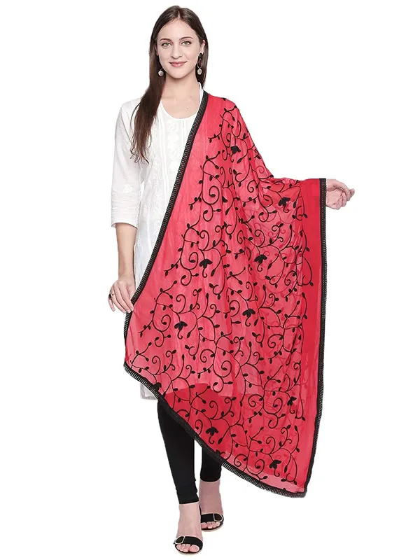 Embroidered_Chiffon_Dupatta_With_Floral_Jaal_Lace_Border_Red