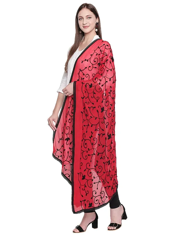 Embroidered_Chiffon_Dupatta_With_Floral_Jaal_Lace_Border_Red