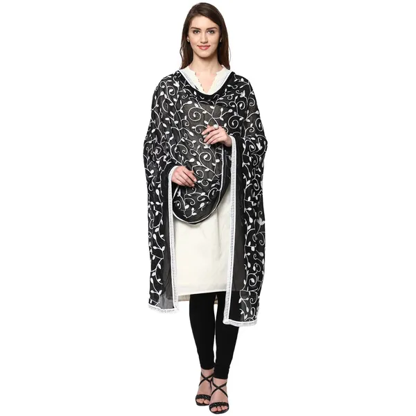 Embroidered_Chiffon_Dupatta_With_Floral_Jaal_Lace_Border_Black_White