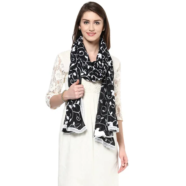 Embroidered_Chiffon_Dupatta_With_Floral_Jaal_Lace_Border_Black_White
