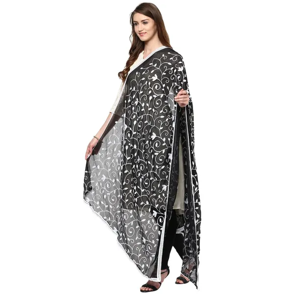 Embroidered_Chiffon_Dupatta_With_Floral_Jaal_Lace_Border_Black_White