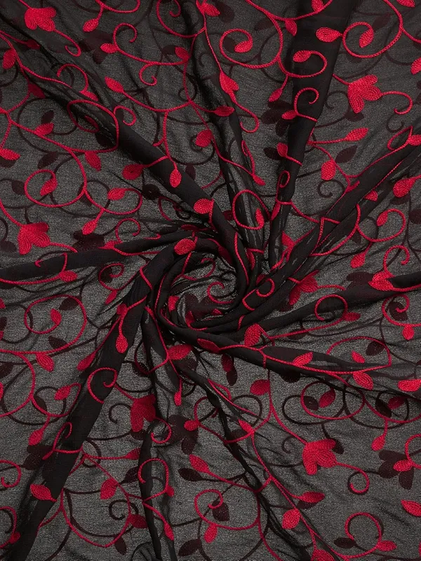 Embroidered_Chiffon_Dupatta_With_Floral_Jaal_Lace_Border_Black_Red