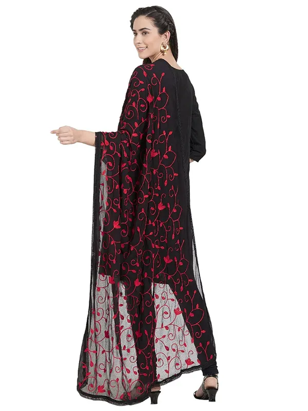 Embroidered_Chiffon_Dupatta_With_Floral_Jaal_Lace_Border_Black_Red