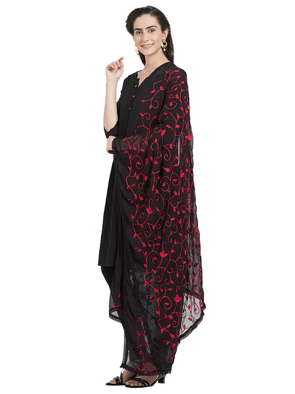 Embroidered_Chiffon_Dupatta_With_Floral_Jaal_Lace_Border_Black_Red