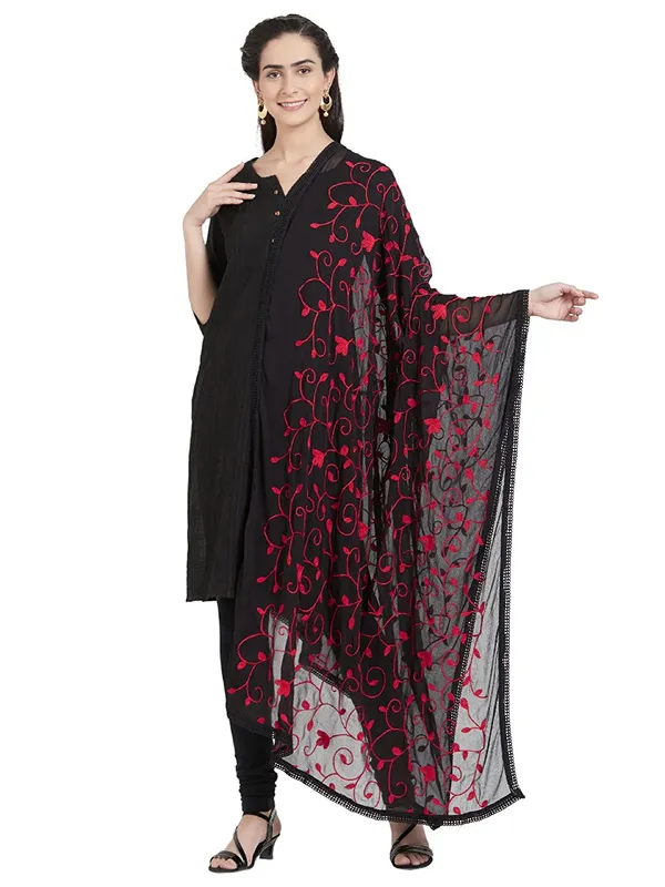 Embroidered_Chiffon_Dupatta_With_Floral_Jaal_Lace_Border_Black_Red