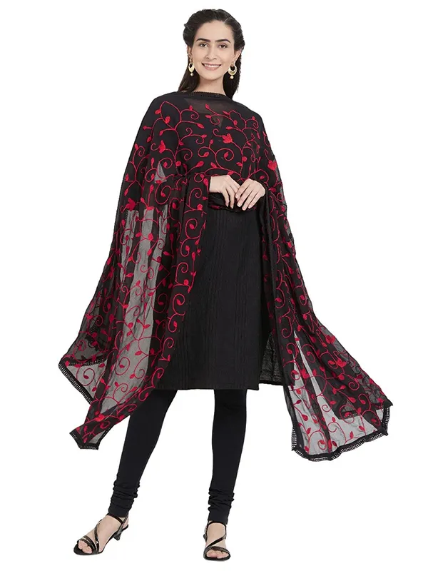 Embroidered_Chiffon_Dupatta_With_Floral_Jaal_Lace_Border_Black_Red