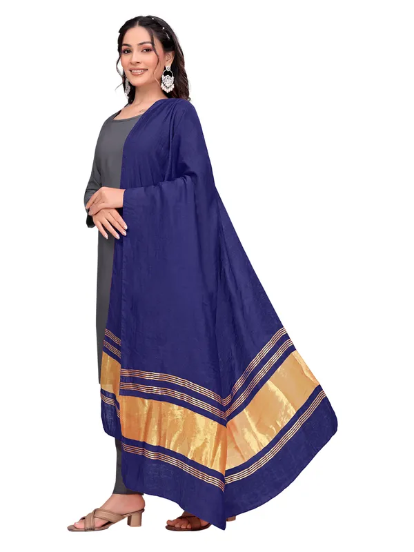 Lagdi_Patta_Dupatta_In_Silk_Blend_With_Golden_Zari_Border_Navy_Blue
