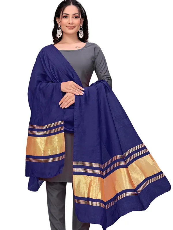 Lagdi_Patta_Dupatta_In_Silk_Blend_With_Golden_Zari_Border_Navy_Blue
