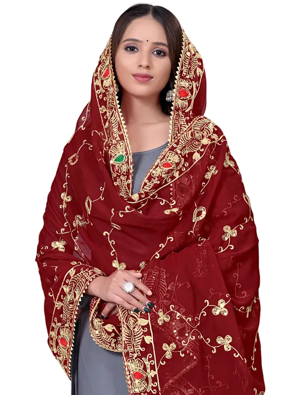 Embroidered_Georgette_Dupatta_With_Sequin_Work_Lace_Border_Maroon
