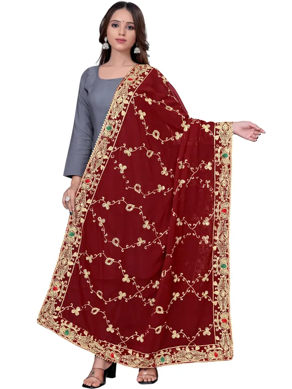 Embroidered_Georgette_Dupatta_With_Sequin_Work_Lace_Border_Maroon