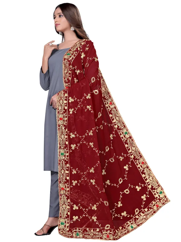 Embroidered_Georgette_Dupatta_With_Sequin_Work_Lace_Border_Maroon