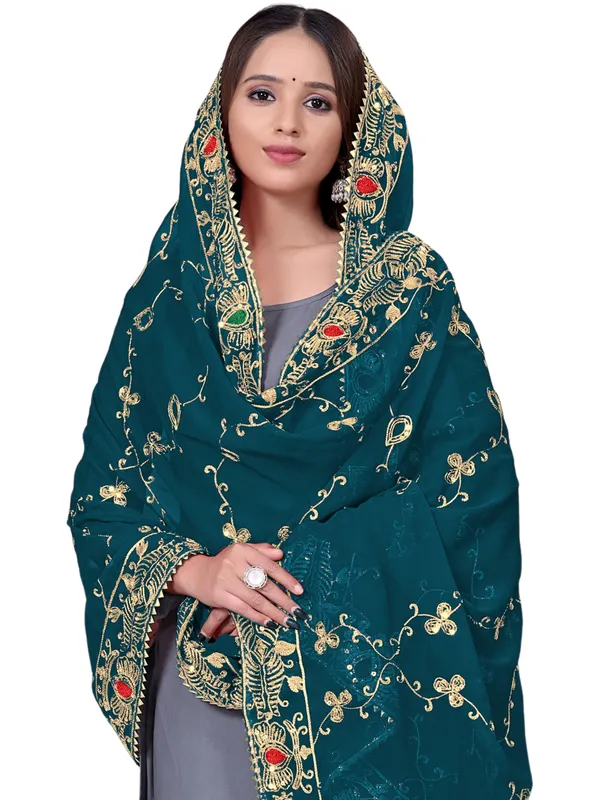 Embroidered_Georgette_Dupatta_With_Sequin_Work_Lace_Border_Kerosin_Blue