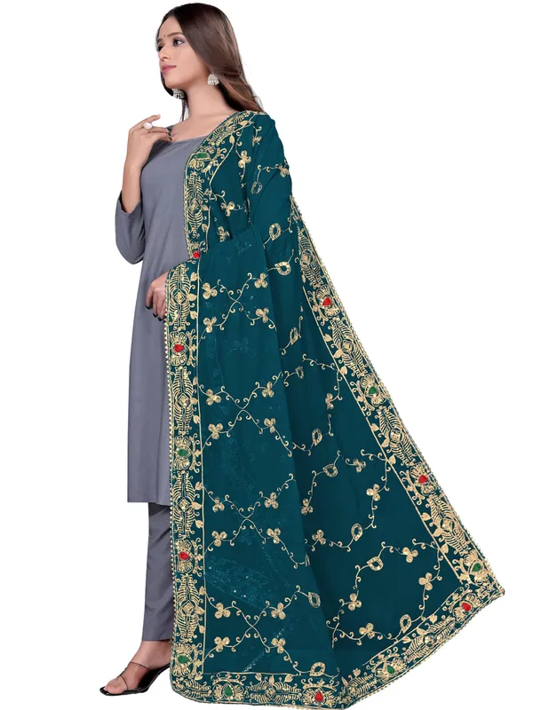 Embroidered_Georgette_Dupatta_With_Sequin_Work_Lace_Border_Kerosin_Blue