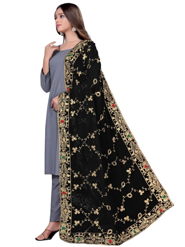 Embroidered_Georgette_Dupatta_With_Sequin_Work_Lace_Border_Black