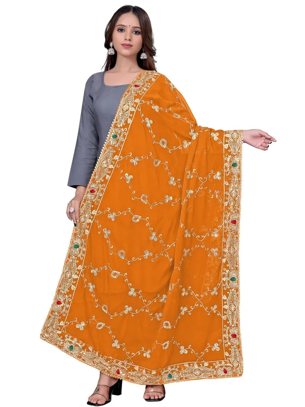 Embroidered_Georgette_Dupatta_With_Sequin_Work_Lace_Border_Mustard_Yellow