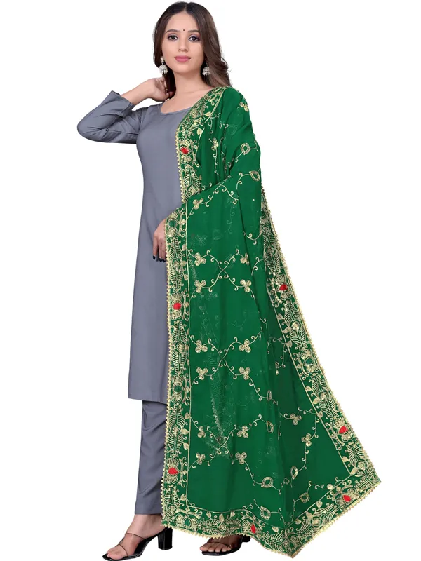Embroidered_Georgette_Dupatta_With_Sequin_Work_Lace_Border_Green
