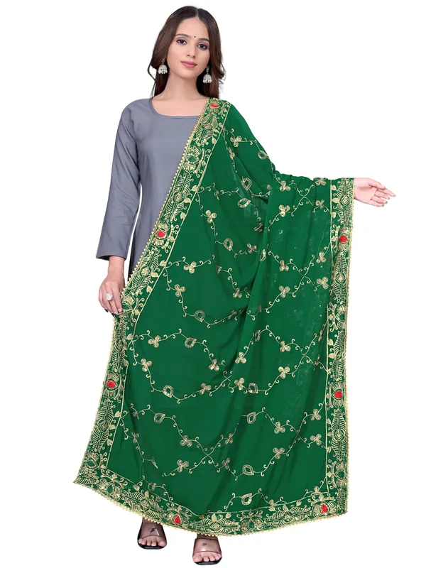 Embroidered_Georgette_Dupatta_With_Sequin_Work_Lace_Border_Green