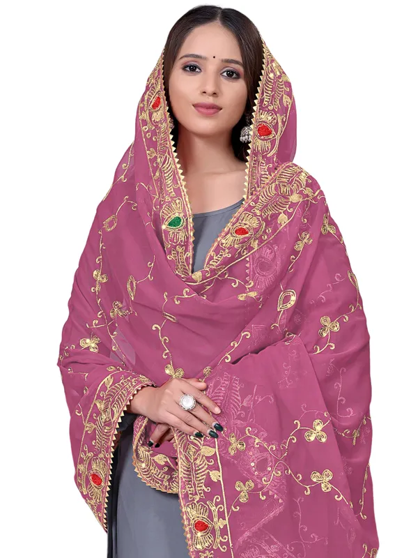Embroidered_Georgette_Dupatta_With_Sequin_Work_Lace_Border_Onion_Pink