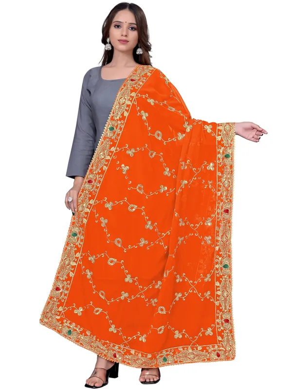 Embroidered_Georgette_Dupatta_With_Sequin_Work_Lace_Border_Orange